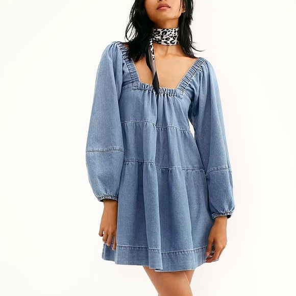 Free People Dresses & Skirts - Free People Lou Blue Jean Denim Tiered Square Neck Mini Dress Small